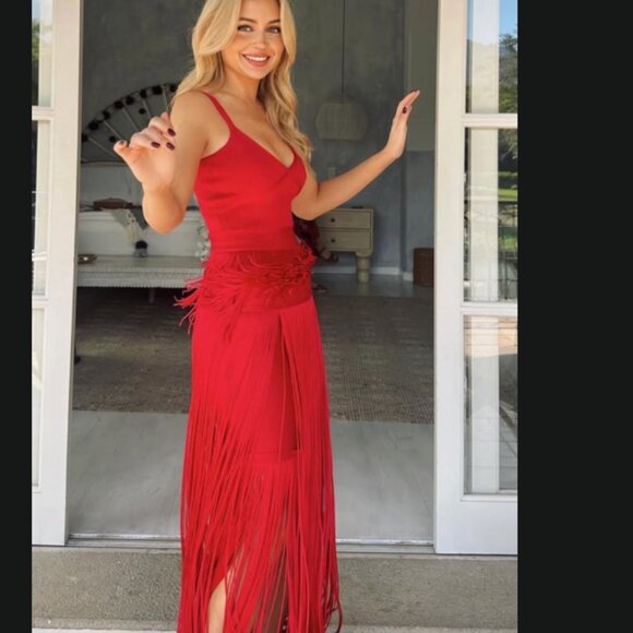 HERVE LEGER Strappy Ottoman Fringe Gown In Rio Red - Picture 4 of 7